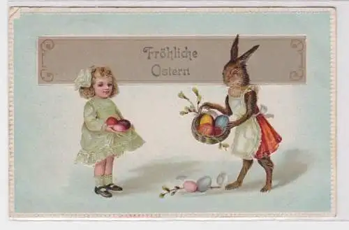 69722 Glückwunsch Präge AK Fröhliche Ostern - Osterhäsin sammelt Eier 1914