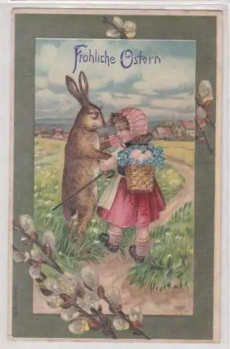 91445 Fröhliche Ostern Präge Ak Hase und Kind mit Eierkorb 1909