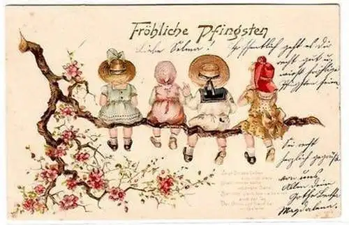 64874 Fröhliche Pfingsten Präge Ak 4 Kinder sitzen auf blühendem Ast 1905