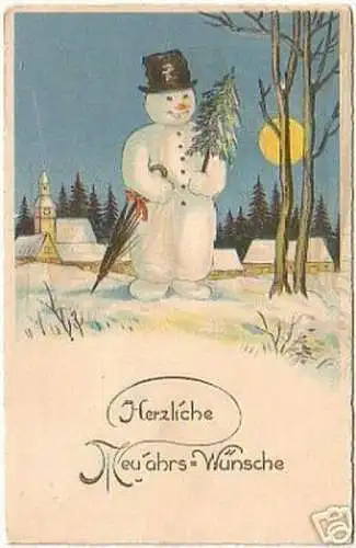 16072 Neujahrs Ak Schneemann im Mondschein 1932