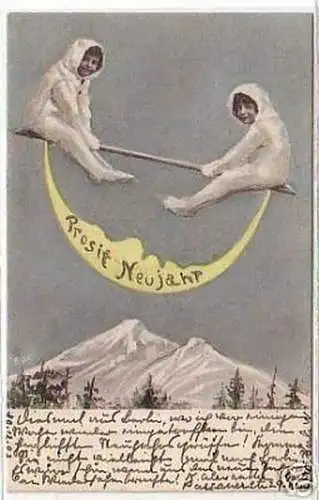 09257 Neujahrs Ak 2 Kinder wippen auf Mond 1903