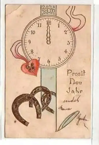 40347 Neujahrs Präge Ak Uhr Herz und Hufeisen 1904