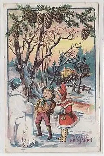 44750 Neujahrs Präge Ak 2 Kinder und Schneemann 1907