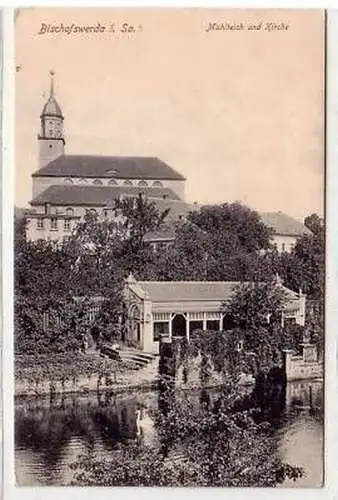 41839 Ak Bischofswerda Mühlteich und Kirche 1914