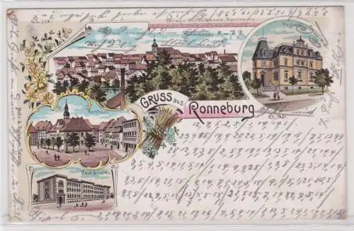 40926 Ak Lithographie Gruß aus Ronneburg Sa. Alt. Postamt, Neue Schule usw. 1899