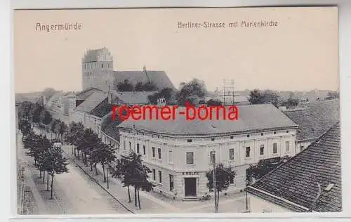 72438 Ak Angermünde Berliner Strasse mit Marienkirche u. Geschäft E. Wolff um192