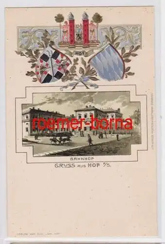 82624 geprägte Ak mit Wappen Gruss aus Hof a.S. Bahnhof um 1900