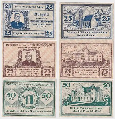 25, 50 & 75 Pfennig Banknoten Notgeld Gemeinde Bad Wörishofen 1921 (165804)