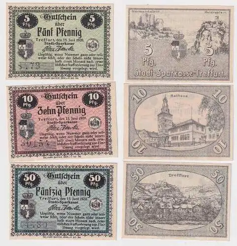 5, 10 & 50 Pfennig Banknoten Notgeld Stadt Sparkasse Treffurt 1920 (106955)