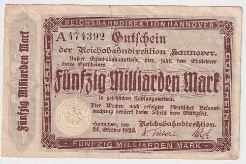 50 Milliarden Mark Banknote Reichsbahndirektion Hannover 24.10.1923 (107959)