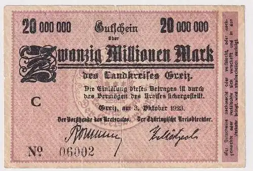 20 Millionen Mark Banknote Inflation Landkreis Greiz 3.10.1923 (107789)