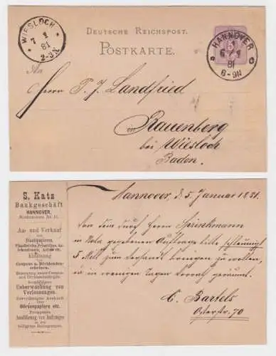 75962 DR Ganzsachen Postkarte P10 Zudruck S. Katz Bankgeschäft Hannover 1881