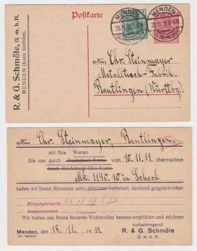 77894 DR Ganzsachen Postkarte P108 Zudruck R. & G. Schmöle GmbH Menden 1919