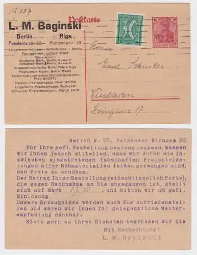 72455 DR Ganzsachen Postkarte P110 Zudruck L.M. Baginski Berlin - Riga 1921