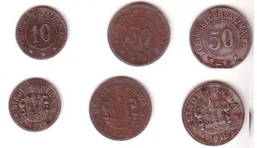 10 und 2 x 50 Pfennig Eisen Not Münzen Stadt Weida 1918