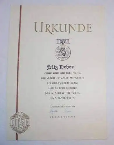 DDR Urkunde zur Friedrich Ludwig Jahn Medaille 1963