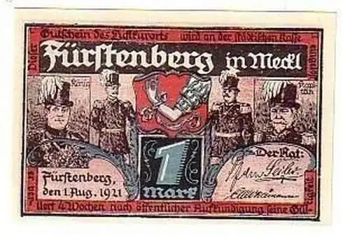 1 Mark Banknote Notgeld Stadt Fürstenberg in Meckl.1921