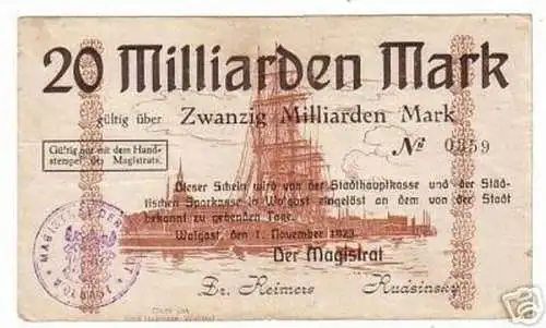 Banknote Inflation Wolgast 20 Milliarden Mark 1923