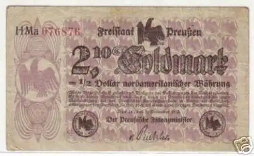 Seltene Banknote 2,10 Goldmark Freistaat Preußen