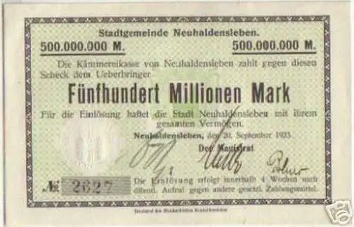 rare Banknote Inflation Neuhaldensleben 500 Mill. 1923