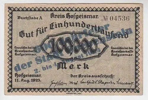 100000 Mark Banknote Hofgeismar 1923 Überdruck 600 Jahrfeier Grebenstein 1924