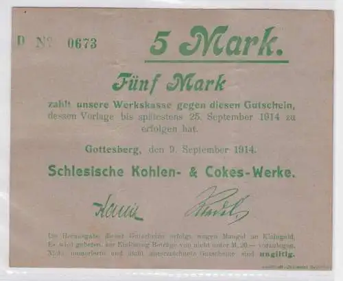 5 Mark Banknote Gotteberg in Schlesien Kohlenwerke 09.09.1914 (164290)