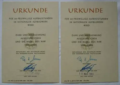 2x DDR Urkunde für 20 freiwillige Aufbaustunden NAW Nat. Aufbauwerk (101298)