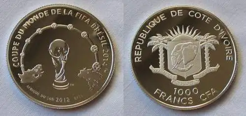 1000 Francs Silber Münze Elfenbeinküste 2012 Fussball WM Brasilien2014 (119720)