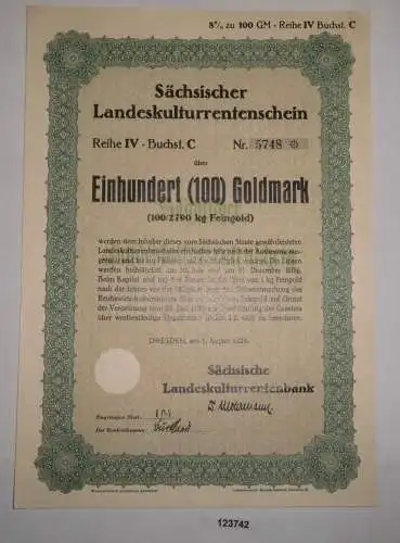 100 Goldmark Rentenschein Landeskulturrentenbank Sachsen Dreden 1928 (123742)