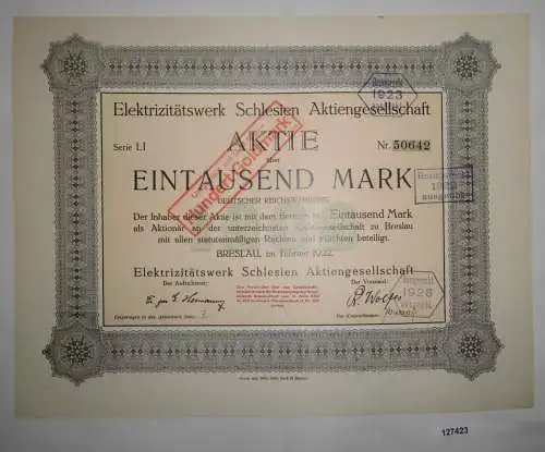 1000 Mark Aktie Elektrizitätswerk Schlesien AG Breslau Februar 1922 (127423)