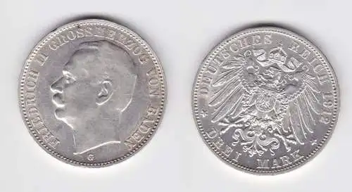 3 Mark Silbermünze Baden Großherzog Friedrich II 1912 Jäger 39 ss+ (150823)