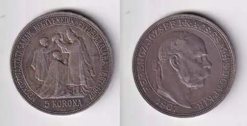 5 Kronen Silber Münze Ungarn Krönungsjubiläum 1907 K.B. vz (109078)