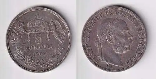 5 Kronen Silber Münze Ungarn 1909 K.B. vz (108033)