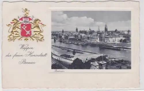 32817 geprägte Ak Wappen freie Hansestadt Bremen Stadtansicht mit Schiffen 1940