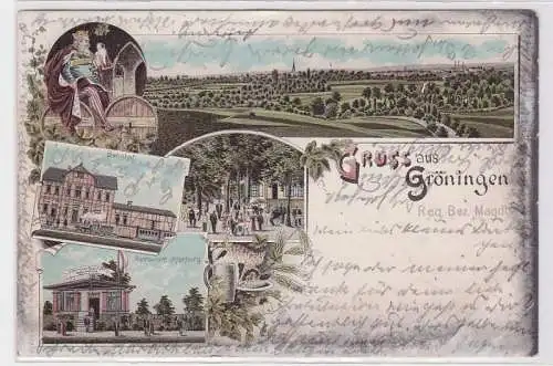 93330 Ak Lithographie Gruß aus Gröningen Bahnhof, Restaurant usw. 1900