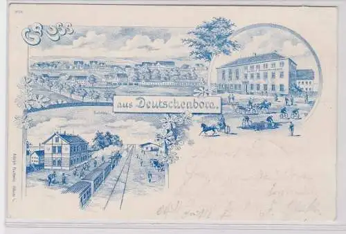 84158 Ak Lithographie Gruss aus Deutschenbora Bahnhof, Gasthof 1902