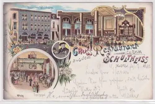 99003 Ak Lithographie Gruß aus dem Restaurant zum Schultheiss Halle 1898