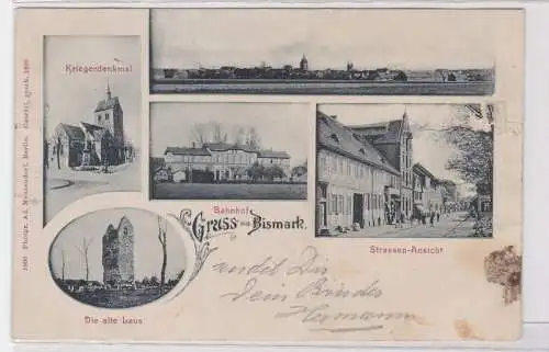 93671 Lithografie AK Gruss aus Bismark - Bahnhof, Kriegerdenkmal & Bahnhof 1901