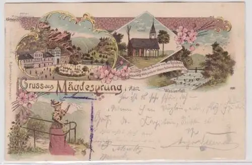 98020 Ak Lithographie Gruß aus Mägdesprung im Harz Hotel, Wasserfall usw. 1898