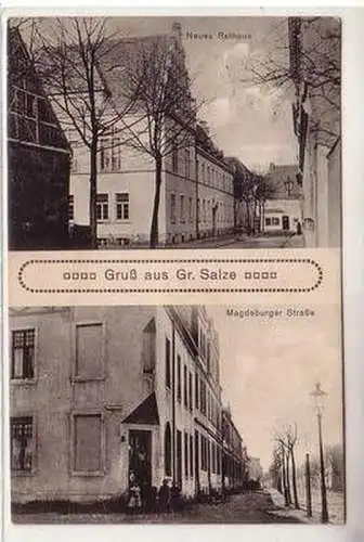 57063 Ak Gruß aus Gross Salze Magdeburger Straße und neues Rathaus 1921