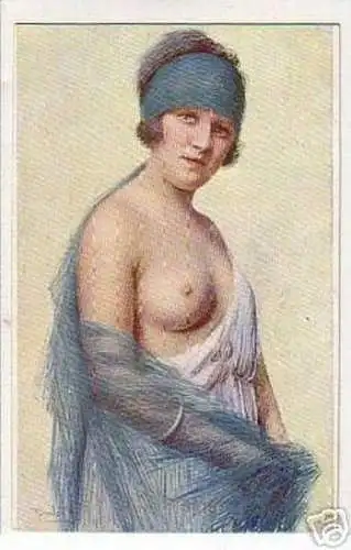 02890 Ak Erotik Nackte Dame mit blauem Tuch um 1930