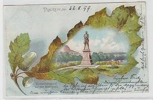 62764 Ak Eichenblatt Lithographie Plauenim Vogtland Bismarckdenkmal 1899