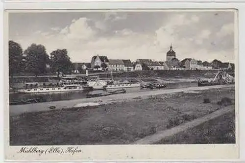 51619 Ak Mühlberg (Elbe) Hafen mit Dampfer um 1940