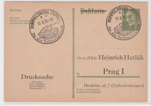 97010 DR Ganzsachen Postkarte P180 Zudruck Heinrich Hatlak Prag Rummelsburg 1933