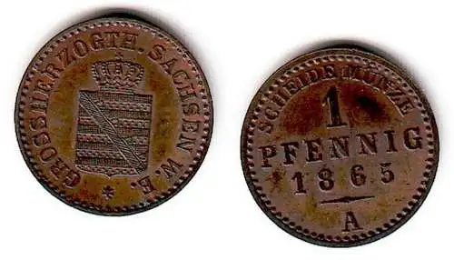 1 Pfennig Kupfer Münze Sachsen Weimar Eisenach 1865 A (109498)