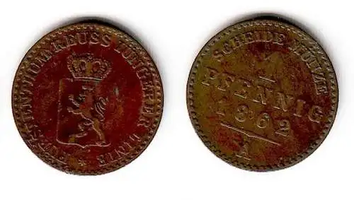 1 Pfennig Kupfer Münze Reuss jüngere Linie 1862 A (109496)