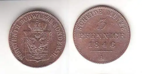 3 Pfennig Kupfer Münze Schwarzburg Sondershausen 1846 A (113132)