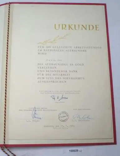 DDR Urkunde zur Aufbaunadel in Gold Lieskau 1970