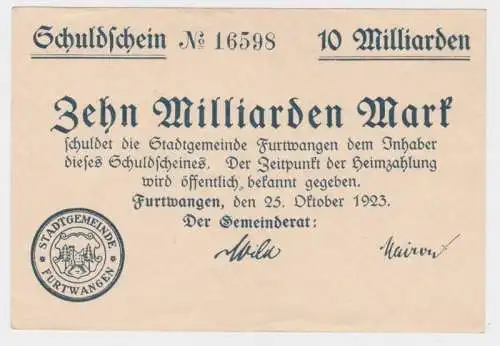 10 Milliarden Mark Banknote Stadtgemeinde Furtwangen 25.10.1923 (140058)