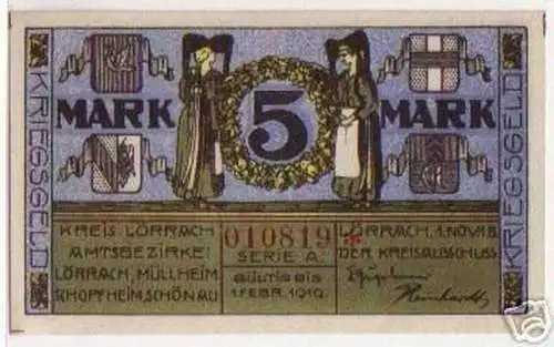 5 Mark Banknote Kriegsgeld Kreis Lörrach 1919